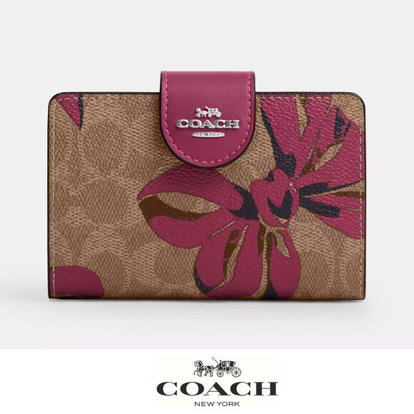 🎁 Coach Medium Corner Zip Wallet In Signature Canvas With Bow Print - Picture 1 of 9